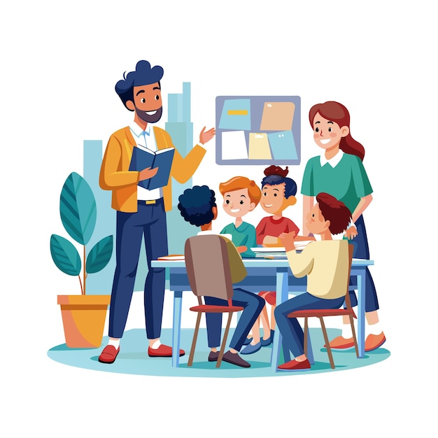 A parent talking to a teacher in a school, emphasizing the collaboration between families and schools to ensure children attend classes regularly and benefit from the Bolsa Família program.
