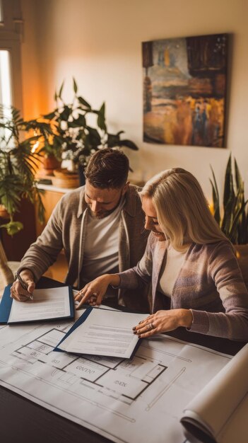 A close-up photo of a young couple looking at blueprints with a real estate agent in an office setting. Focus on the blueprints detailing house plans with financial charts in the background.