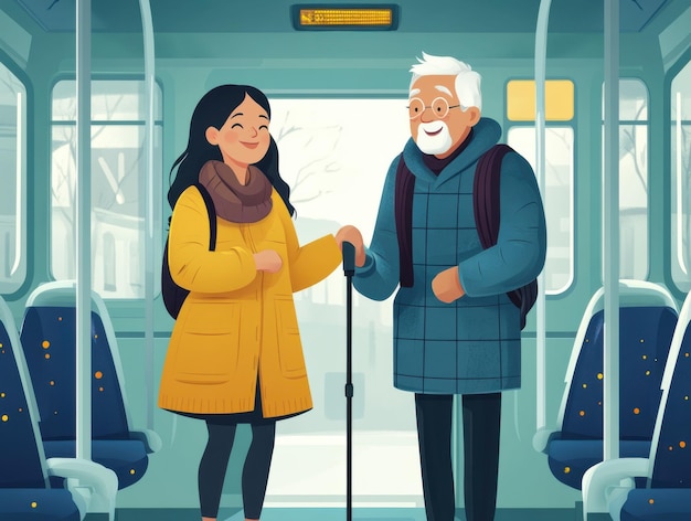 An elderly couple showing their Carteira do Idoso to a bus conductor, smiling as they board the bus, illustrating the ease of access to transportation.