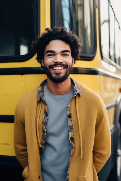 A young traveler showing their ID Jovem to a bus driver, who is smiling. The bus is in the background, indicating a journey.