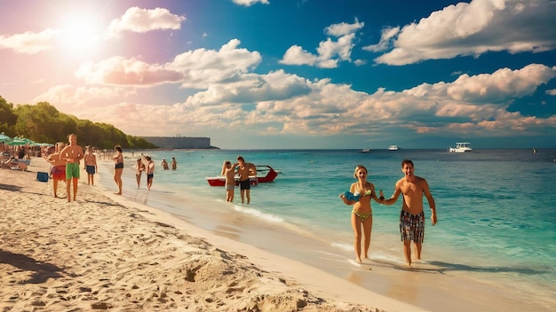 A panoramic view of a popular tourist destination, such as a European city landmark or a tropical beach resort. The sky is clear and blue, and there are people enjoying the scenery and activities.