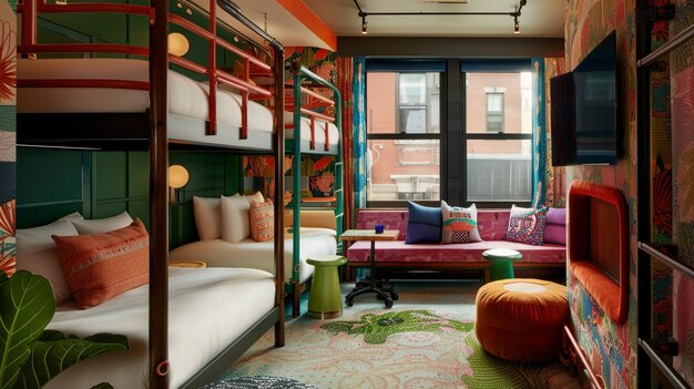 A panoramic view of a colorful hostel dorm room in a Brazilian city, showcasing bunk beds, lockers, and a communal area. Travelers are seen chatting and relaxing, highlighting budget-friendly accommodation options.
