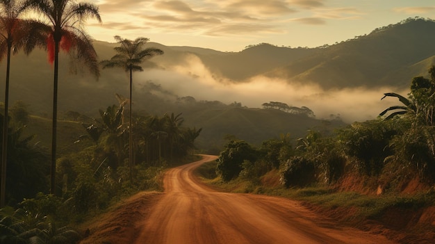 A winding dirt road leads through a dense, green rainforest in Brazil. The road is uneven and slightly muddy, suggesting a challenging but adventurous drive.