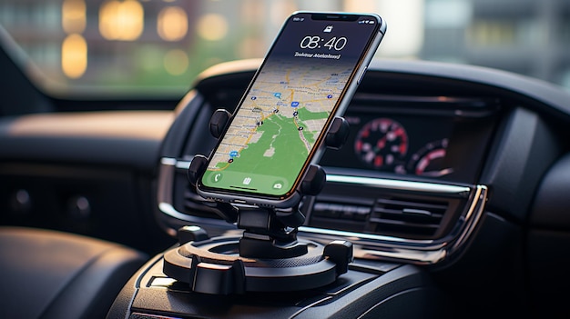 A close-up shot of a smartphone mounted on a car dashboard, displaying a GPS navigation app with a clear route highlighted. The app shows real-time traffic updates and points of interest along the way.