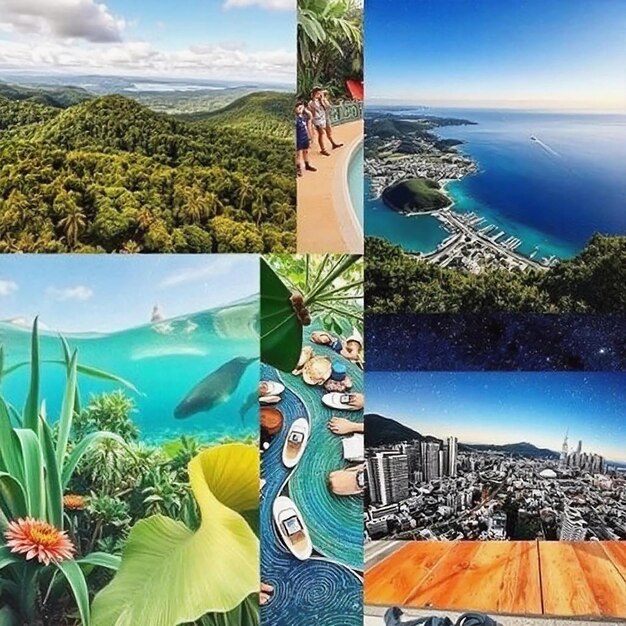 A collage of four diverse Brazilian destinations: a serene beach in Fernando de Noronha, the historic architecture of Ouro Preto, the lush Amazon rainforest, and the vibrant cityscape of São Paulo. The collage should represent the diverse travel opportunities available in Brazil.