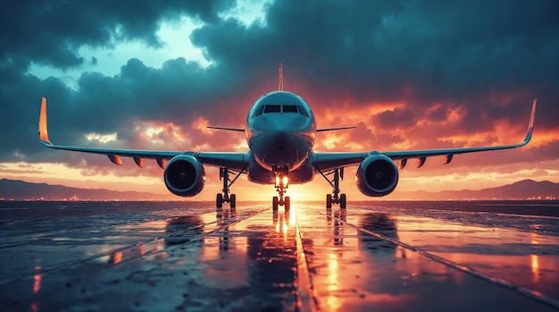 A split image showing on one side a modern airplane taking off against a sunset sky and on the other side a cozy hostel common room with travelers socializing. The image should represent the balance between different travel and accommodation options.