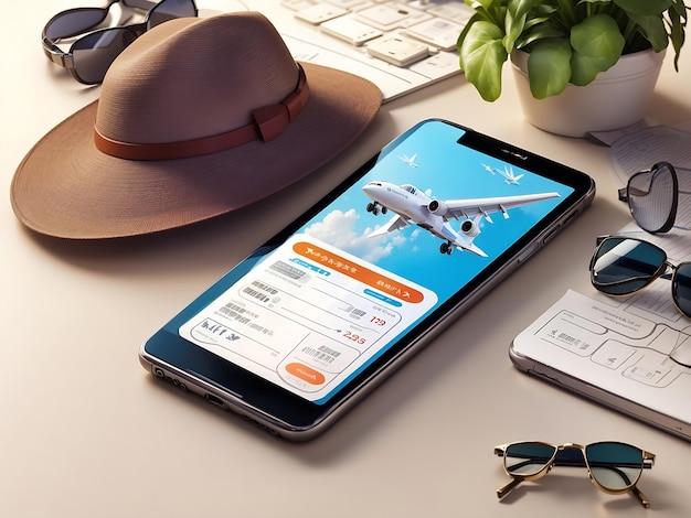 A smartphone displaying an airline's mobile app with flight booking options and loyalty program information. The app showcases flight deals, frequent flyer points, and personalized travel recommendations.