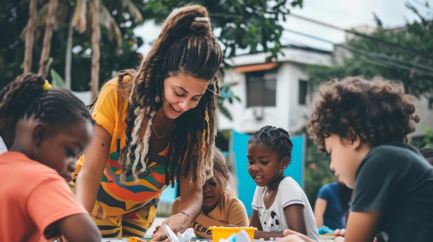 A heartwarming image showing a volunteer teaching a group of children in a rural Brazilian community, with colorful school supplies and a positive, encouraging atmosphere.