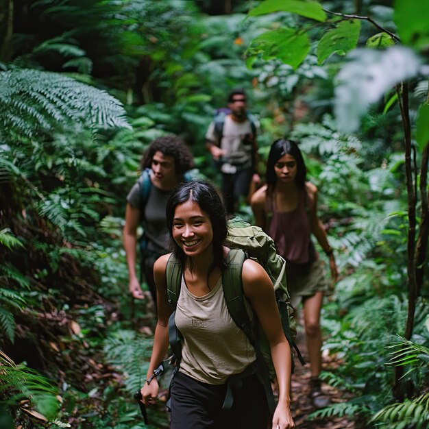An indigenous guide leads a hiking group through the dense Amazon rainforest, Brazil, showcasing the lush greenery, towering trees, and rich biodiversity of the region, under a canopy filtering the sunlight.
