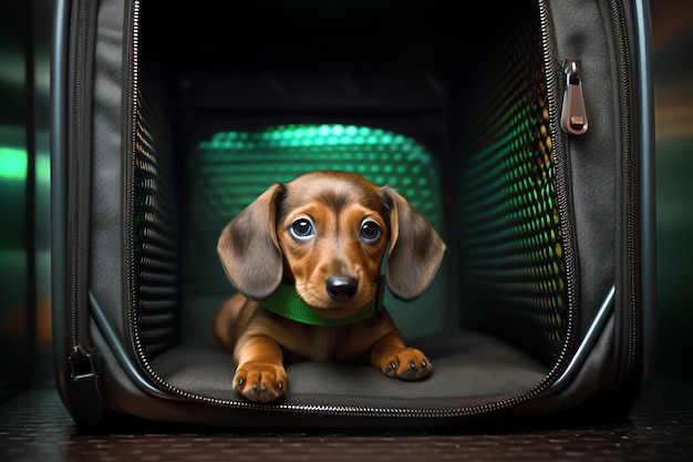A small dog (e.g., a chihuahua or dachshund) comfortably seated in a pet carrier inside a car. The carrier is secured with a seatbelt, and the dog looks relaxed and safe. There's a water bowl and a favorite toy inside the carrier.