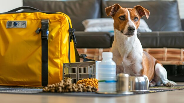 A well-organized bag filled with pet travel essentials: food and water bowls, a bag of dry dog food, a leash, waste bags, a favorite toy, a first-aid kit specifically for pets, and wet wipes.