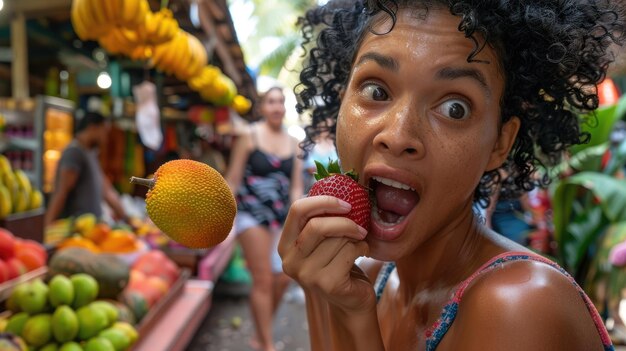 A bustling market in Manaus, Brazil, with vendors selling fruits, vegetables, and local crafts. The image captures the vibrant colors, sounds, and smells of the Amazon region.