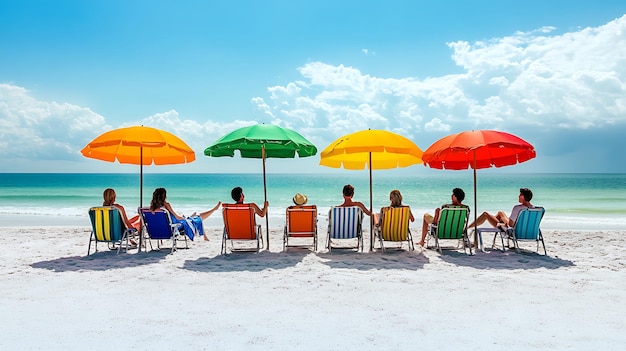 Students enjoying a beach in Florianópolis, with clear blue water and vibrant beach umbrellas, demonstrating the relaxing coastal experiences available at affordable prices.