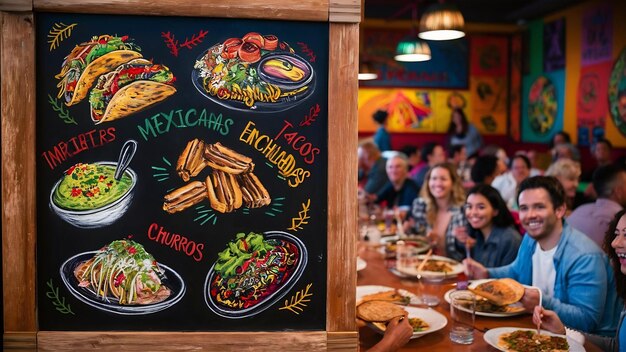 A modern and stylish vegan restaurant in São Paulo, Brazil, with a diverse menu displayed on a chalkboard and happy customers enjoying their meals.