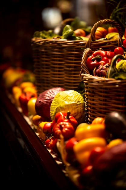 A colorful display of fresh produce and vegan products at a farmers market in Florianopolis, Brazil, with vendors selling organic fruits, vegetables, and plant-based cheeses.