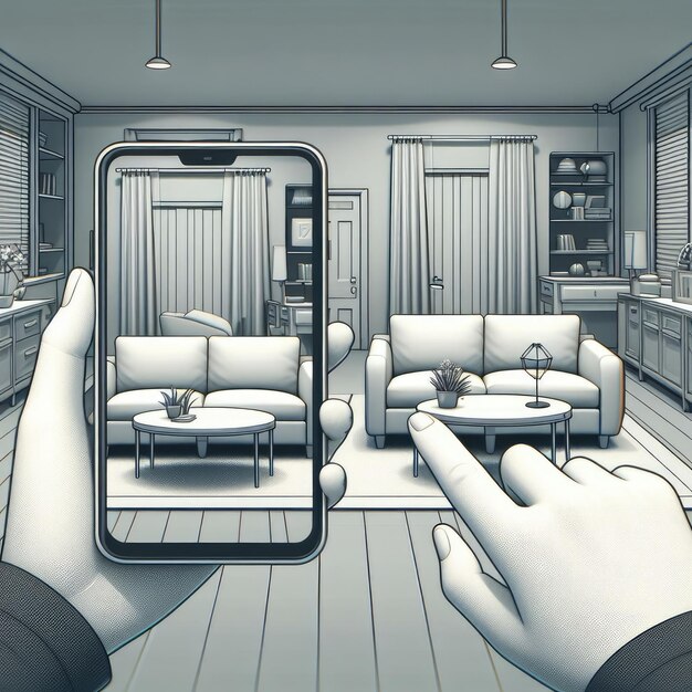 A user uses a smartphone to virtually place furniture in their living room through an AR app. The image shows the real-world living room with a digital overlay of a sofa and coffee table.