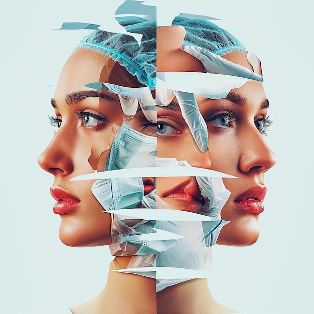 A collage of content created entirely by AI: a realistic portrait of a person who doesn't exist, a fantastical landscape painting, and a catchy jingle visualized as sound waves. The collage is designed to showcase the diverse capabilities of AI in generative content creation.