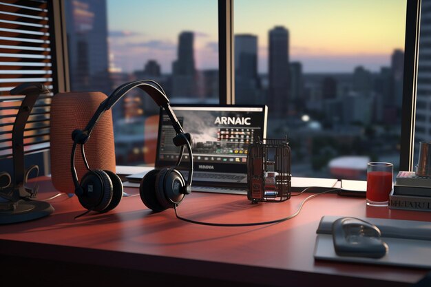 An image of a modern podcasting setup, including a high-quality microphone, headphones, and a computer with audio editing software visible on the screen. The setup is clean and professional, suggesting the necessary equipment for creating high-quality podcasts.