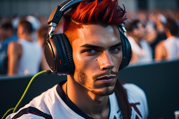 Close-up of a professional esports player wearing a team jersey and headphones, intensely focused on the game during a crucial moment in a tournament. The player's face shows determination and concentration.