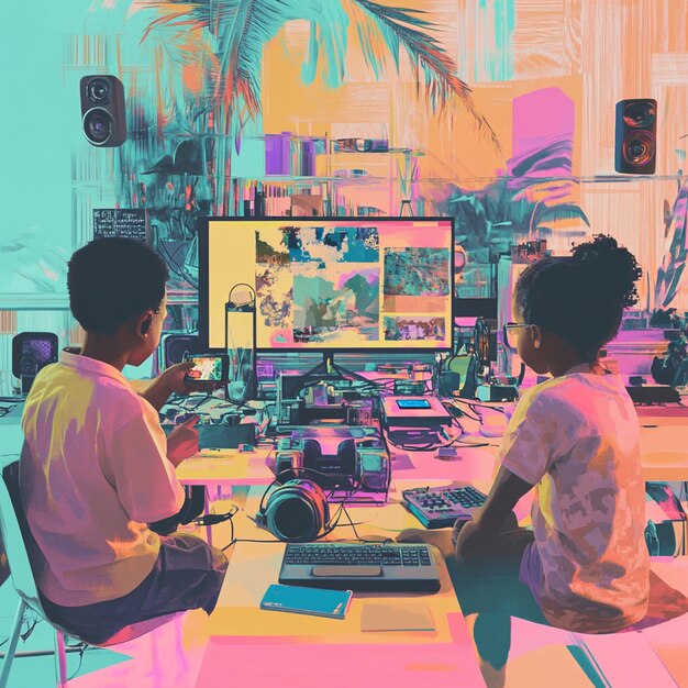 A behind-the-scenes style image depicting a digital artist or creative team working on a virtual influencer. The focus is on the computer screen showcasing the character being designed, with detailed virtual rendering tools and software visible. This highlights the technical expertise and artistry involved in creating these digital personas.