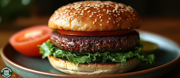 A close-up shot of a plant-based burger being grilled, showing the texture and sizzle of the patty. The background includes fresh vegetables and grill marks, highlighting the cooking process and the natural ingredients.