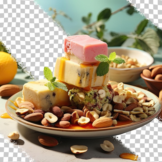 A selection of plant-based cheeses made from nuts and seeds, displayed on a platter with crackers and fruits. The cheeses have a variety of textures and colors, showcasing the artisanal nature of the products.