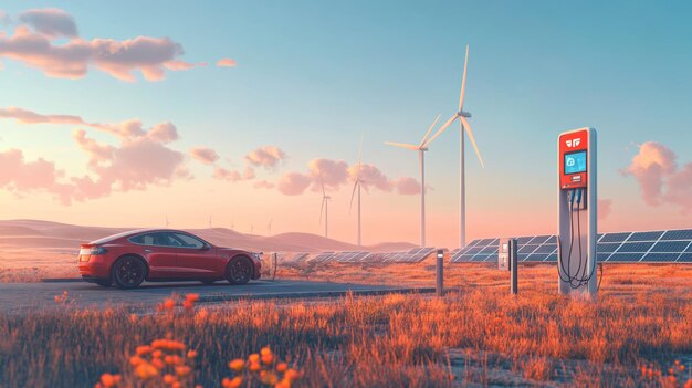 A wind farm and solar panels providing clean energy for charging electric cars, illustrating sustainable energy solutions.