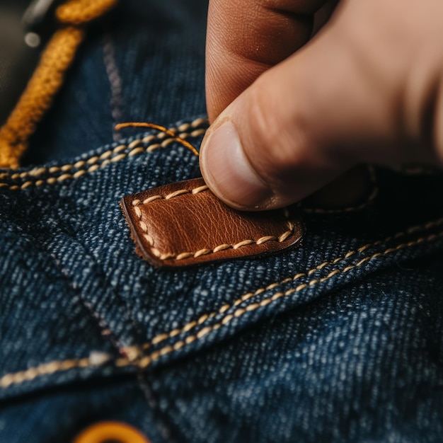 A close-up of a hand carefully sewing a patch onto a second-hand denim jacket, demonstrating the upcycling and customization aspect of the second-hand fashion market. The focus is on the detail of the handwork and the creative alteration of the garment.