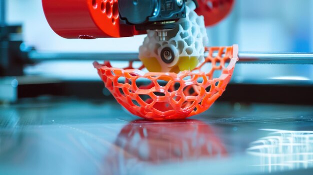 A close-up shot of a 3D printer nozzle extruding molten plastic onto a partially completed 3D print, with a focus on the layers being built and the textured surface of the print, illuminated by LED lights.