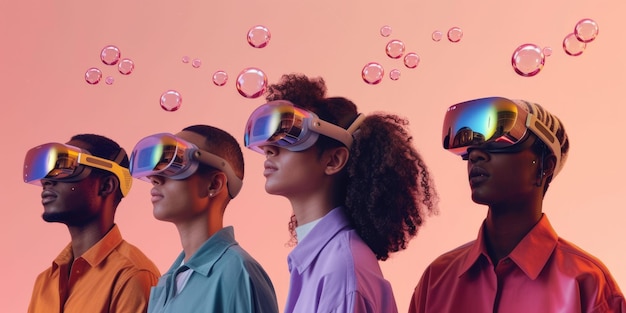 A group of diverse people wearing VR headsets, exploring a virtual world with vibrant colors and engaging visuals, showcasing the potential of virtual reality in various industries like gaming, education, and training.